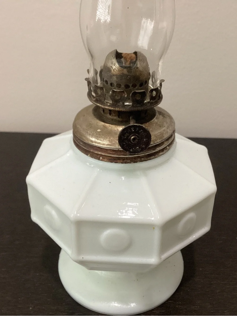 Antique 1890s-1920s. White milk glass oil lamp 8 sided with circle design